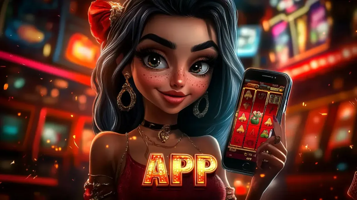 A charming, big-eyed cartoon woman with a red bow in her hair holds up a smartphone to show a casino APP with a fun slot game, set against a red neon casino background.