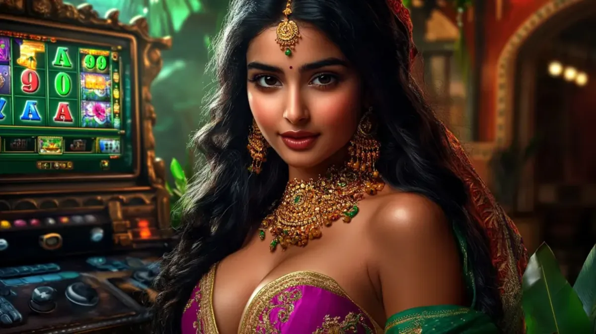 A beautiful Indian woman wearing a stunning traditional sari and ornate gold jewelry poses elegantly in a casino next to a glowing green slot machine.