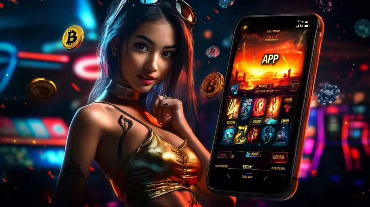 A stylish Asian woman in a gold top holds a smartphone displaying a fiery gaming APP. Floating Bitcoin symbols and a neon-lit background highlight the modern, edgy theme.