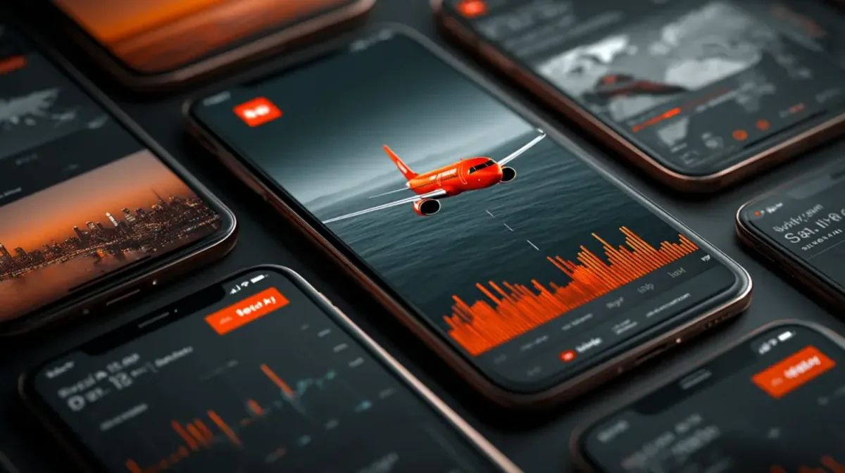A collection of smartphones, each displaying the sleek, dark interface of the Aviator app, featuring a red airplane and financial-style graphs.