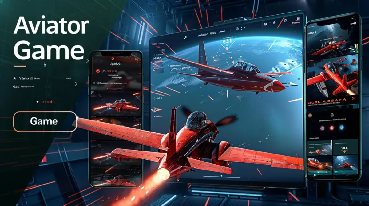 The Aviator Game is showcased on a central tablet and two side smartphones. The screens display red airplanes in high-speed action against a futuristic space backdrop.