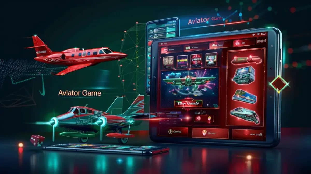 A high-tech promotion for the Aviator Game. Two airplanes are shown with digital overlays, with the game displayed on a tablet and phone in a futuristic setting.
