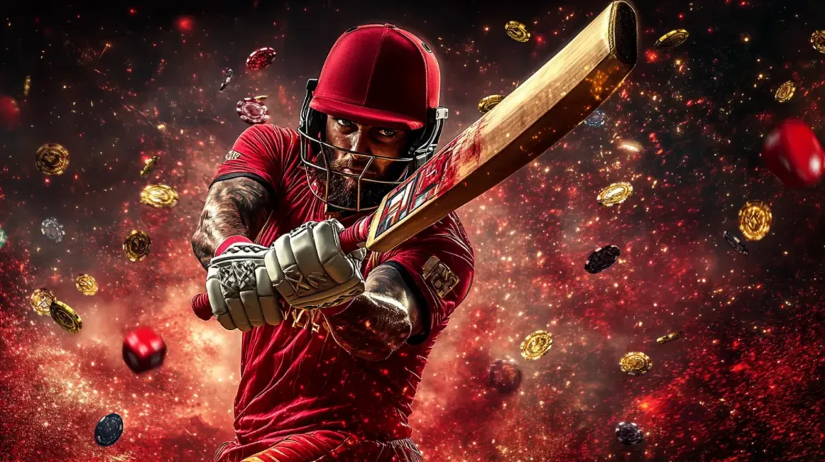 A powerful, tattooed cricket batsman in a red uniform swings his bat in a dramatic pose, surrounded by an explosion of red light, sparks, and floating casino chips.