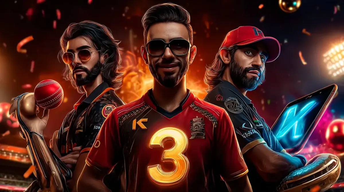 A promotional image featuring three stylish male cricket players. The central player wears a jersey with a large number 3, representing a team or brand.
