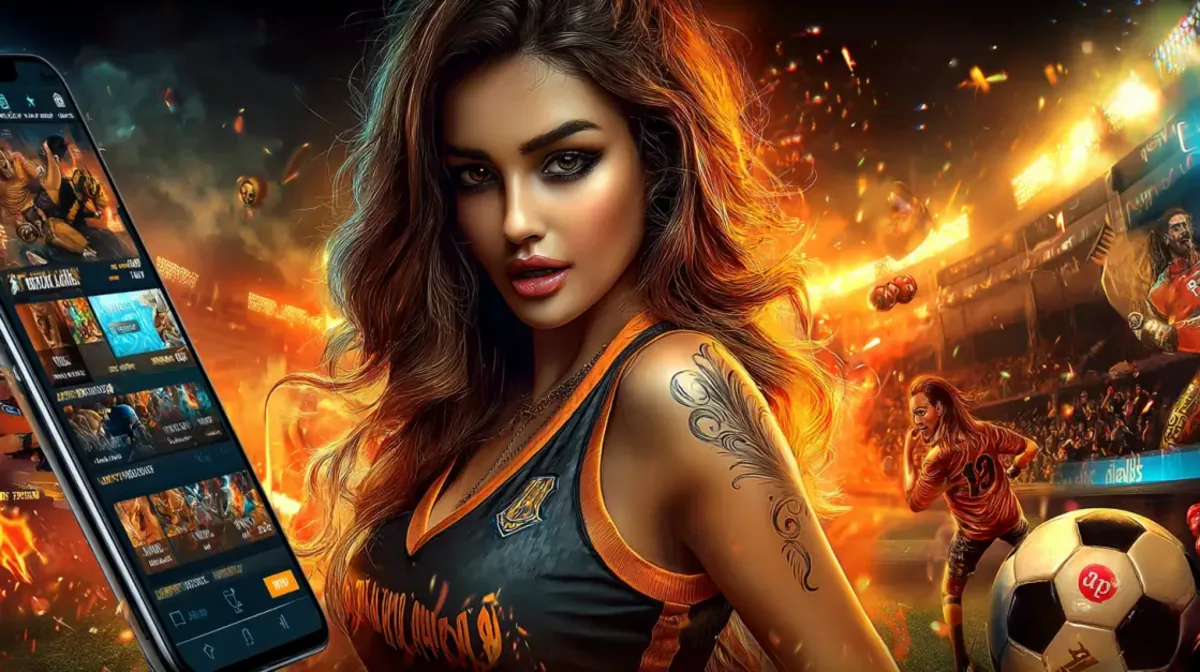 A beautiful, tattooed woman in a sports jersey is the focus of a dynamic sports betting promotion, with a mobile app and a fiery stadium scene in the background.