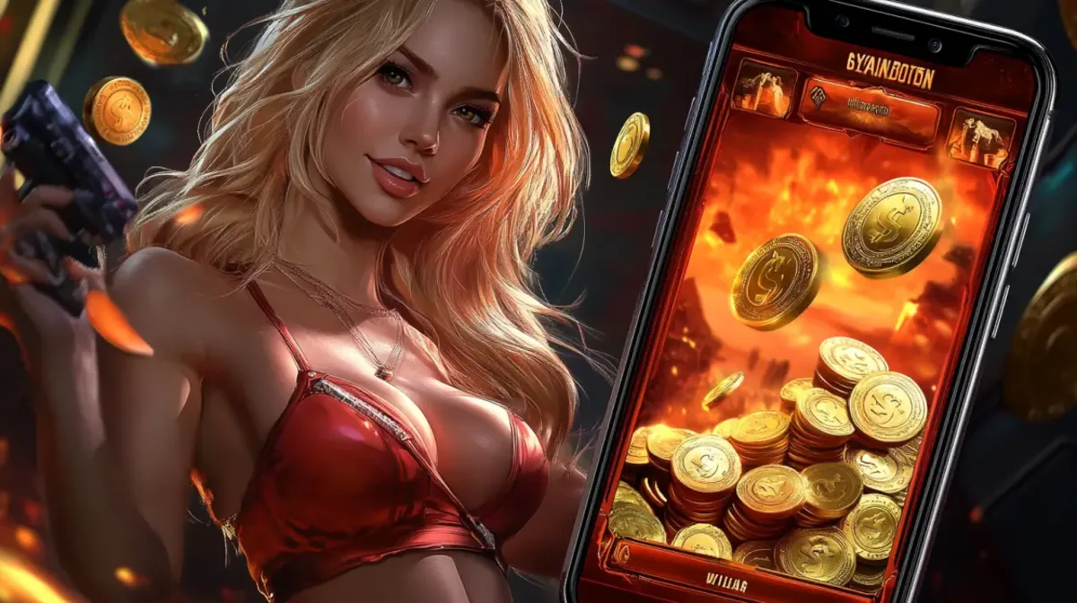 A beautiful blonde woman holds a pistol while posing next to a smartphone. The phone's screen is filled with a shower of gold coins, promoting a high-stakes mobile game.