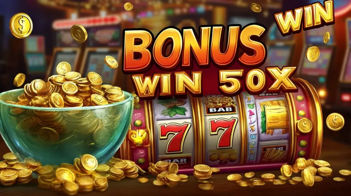 A slot machine shows a BONUS WIN 50X on its reels. A large glass bowl overflows with gold coins, celebrating a massive win in a casino setting.