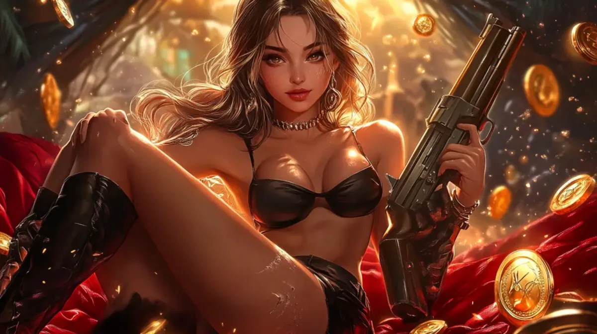 An alluring woman in a black bikini and boots holds a shotgun while relaxing on a red velvet couch, surrounded by a shower of gold coins.