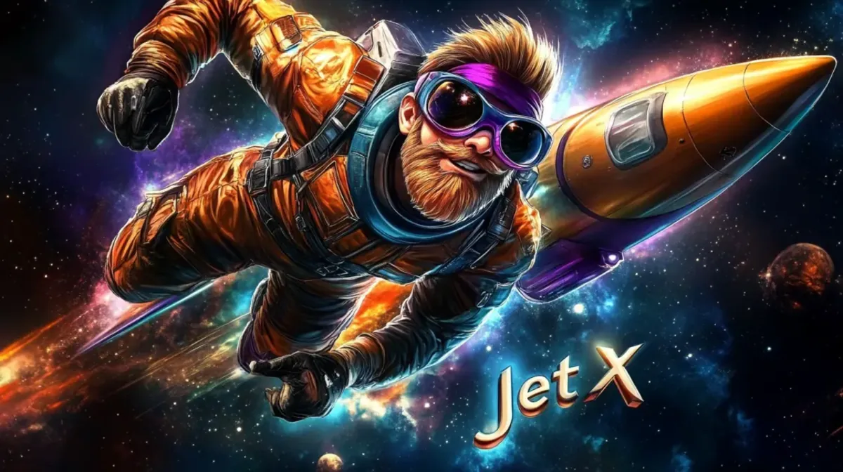 An adventurous bearded astronaut in an orange spacesuit and cool goggles flies on a rocket through a vibrant galaxy, promoting the exciting JetX crash game.