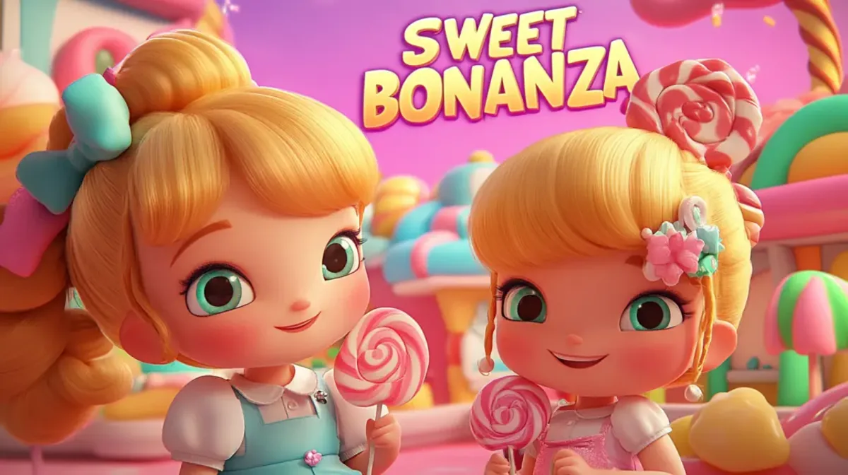 A promotional image for the Sweet Bonanza slot game featuring two cute, big-eyed cartoon girls with blonde hair holding lollipops in a colorful world made of candy.