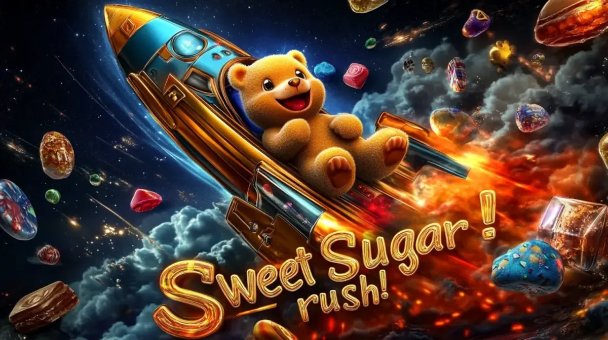 A cute teddy bear happily rides a golden rocket through a starry sky filled with colorful candies and sweets in this promotion for the Sweet Sugar rush! game.