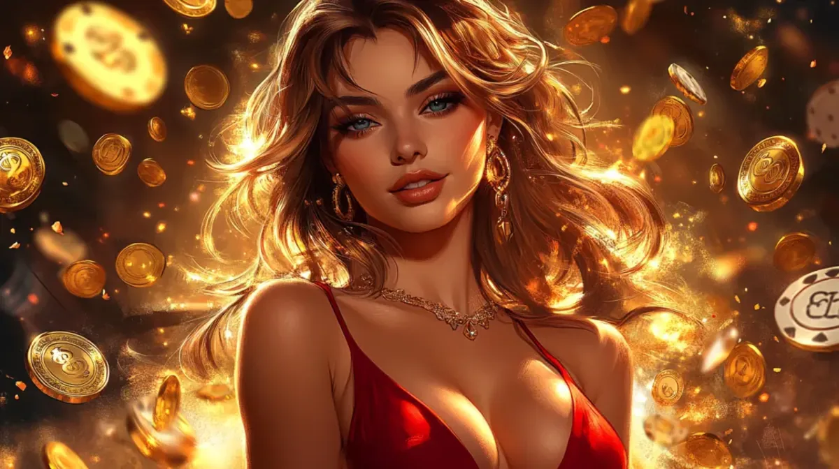 A beautiful blonde woman in a red dress is surrounded by a magical shower of glowing gold coins and poker chips, embodying the excitement of a big casino win.