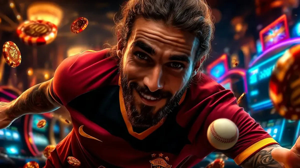 A happy, tattooed male athlete in a red jersey celebrates enthusiastically. The background is a dynamic fusion of a baseball and a neon-lit casino with falling chips.