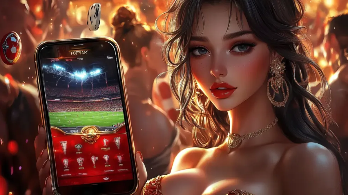 A beautiful woman holds a smartphone displaying a football betting app with a live stadium view. The background is a vibrant, crowded event with warm lighting.