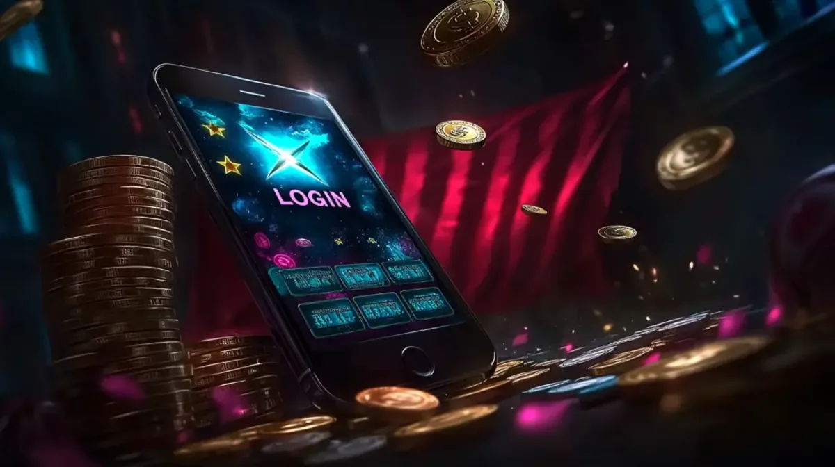 A smartphone rests on a table amidst stacks of gold coins, displaying a vibrant LOGIN screen for a mobile gaming app with a star logo and a dark, atmospheric background.