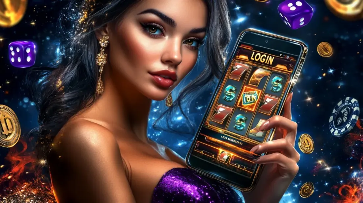 An elegant woman in a sparkling purple dress holds a smartphone with a 777 slot game LOGIN screen, set against a cosmic backdrop with dice and coins.