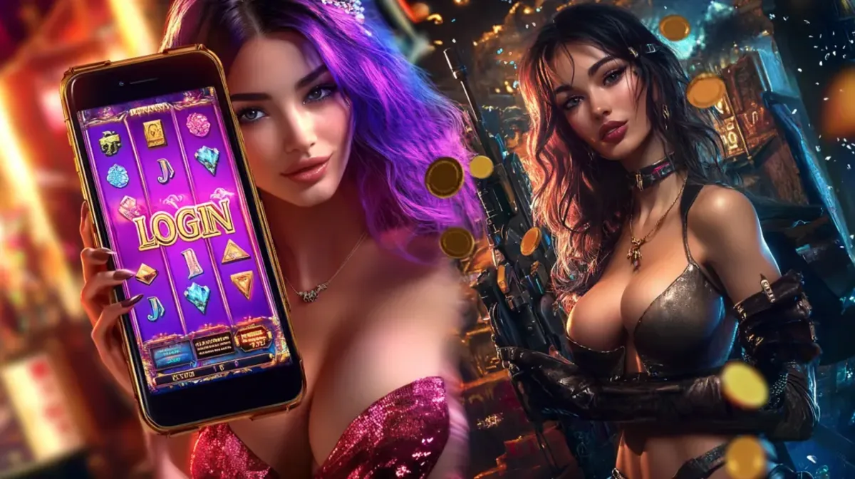 A promotional collage featuring two beautiful women. One, with purple hair, holds a phone with a gem-themed slot LOGIN screen, while the other poses in a tough, action-hero style.