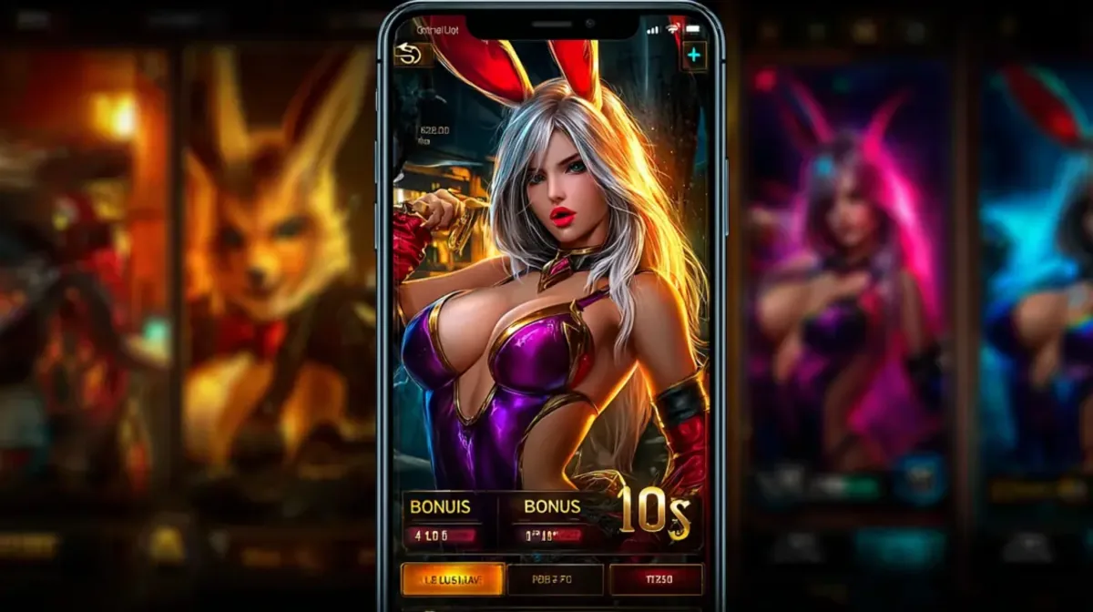 A close-up of a smartphone screen displaying a mobile game. The screen features an alluring anime-style character of a woman with white hair and purple bunny ears.