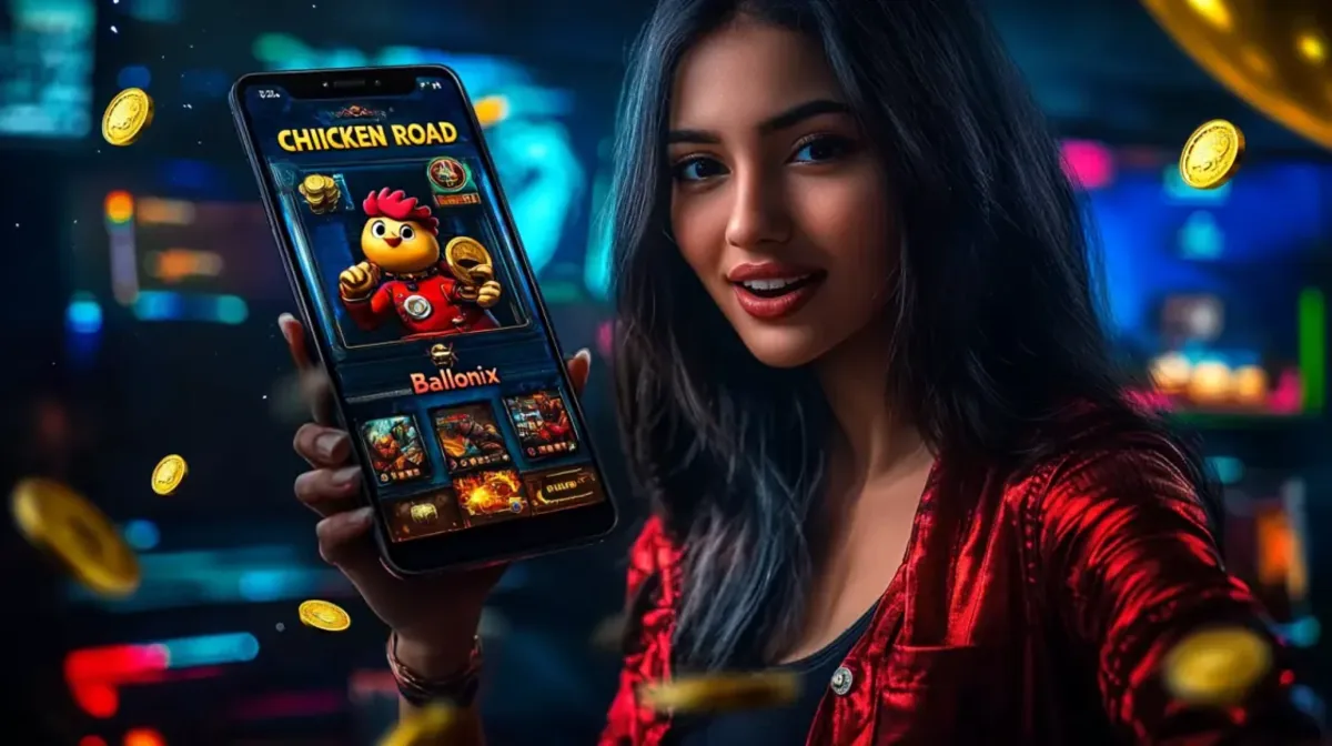 A smiling woman in a red jacket holds up a smartphone to show the Chicken Road game, featuring its cheerful chicken mascot, in a neon-lit gaming environment.