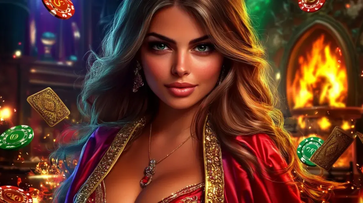A beautiful woman with captivating green eyes and a red satin dress poses in a warm, inviting casino setting with a fireplace and floating poker chips.