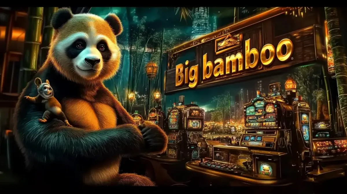 A realistic panda holding a baby monkey poses in a neon-lit, Asian-themed casino with a large, glowing Big bamboo slot machine in the background.