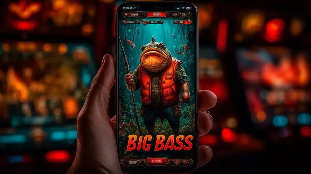 A hand holds a smartphone showcasing the BIG BASS game. The screen features the game's fish mascot in an orange vest, holding a fishing rod in a forest setting.