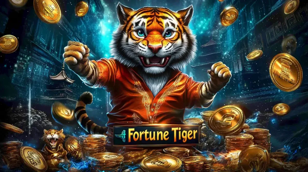 The powerful Fortune Tiger mascot, wearing an orange jacket, stands triumphantly among piles of gold coins in front of ancient temples under a stormy blue sky.